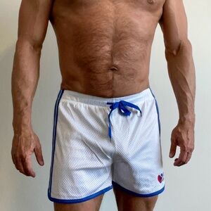 White Athletic Shorts with Blue Trim